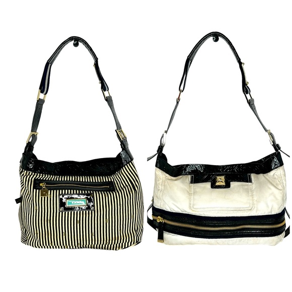 L.A.M.B Reversible White Nylon & Stripes Fabric Patent Leather Strap Hobo Bag - Picture 1 of 16